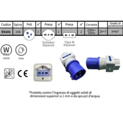 Adattatore da industriale 220V a civile schuko + 2 bivalenti 10/106A CFG ES101