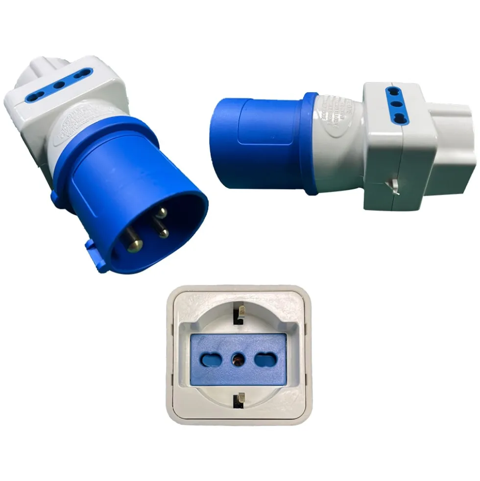 Adattatore da industriale 220V a civile schuko + 2 bivalenti 10/106A CFG ES101