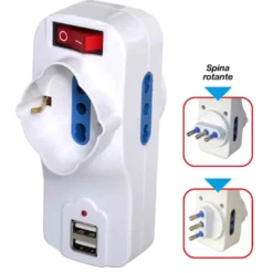 Adattatore triplo con spina rotante 1 presa schuko + 2 bivalenti + 2 usb con interruttore CFG E358