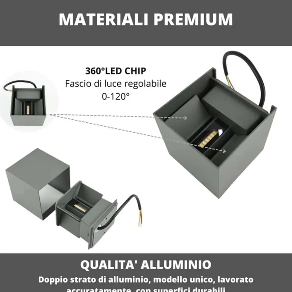 Applique LED cubo da esterno LISBONA 10W IP65 angolo di luce regolabile 2CCT 3000/4000k bianco/antracite