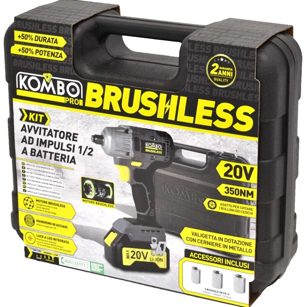 Avvitatore a impulsi brushless 1/2" svitabulloni KOMBO PRO con batteria 20V 4Ah e kit accessori