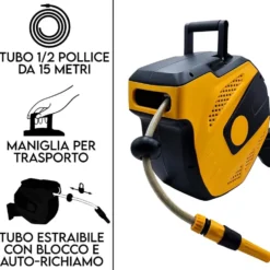 Avvolgitubo automatico a parete kit tubo mt.15 x 1/2" con raccordi e lancia per irrigazione giardino TOLSEN 57261