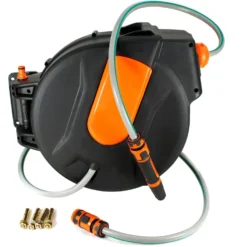 Avvolgitubo automatico a parete mt.25 x 1/2" con raccordi e lancia per irrigazione giardino LIF