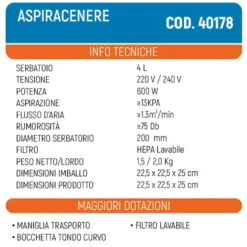 Bidone aspiracenere 600W lt.4 con filtro HEPA lavabile VINCO 40178