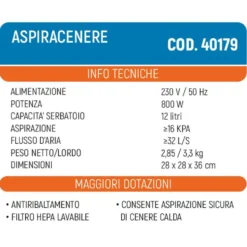 Bidone aspiracenere 800W lt.12 con filtro HEPA aspira cenere calda VINCO 40179