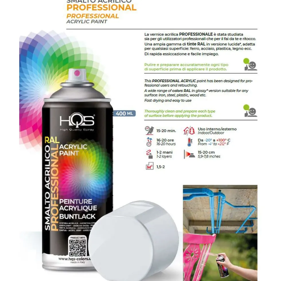 Bomboletta vernice spray smalto acrilico professionale ml.400 HQS colori RAL