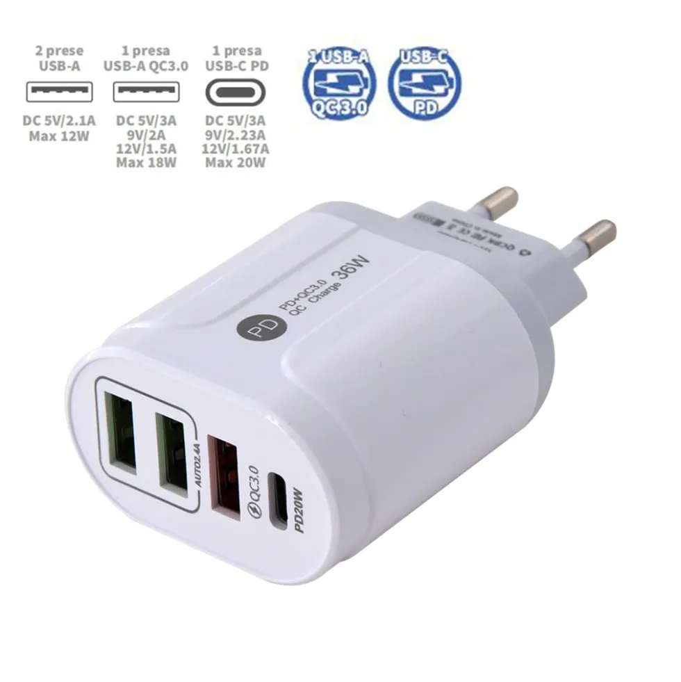 Caricatore alimentatore USB 4 ingressi 3 USB-A e 1 USB-C CFG ES133