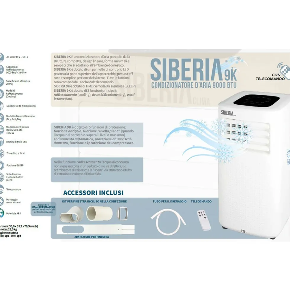 Climatizzatore condizionatore portatile 9000 btu CFG SIBERIA 9K con telecomando