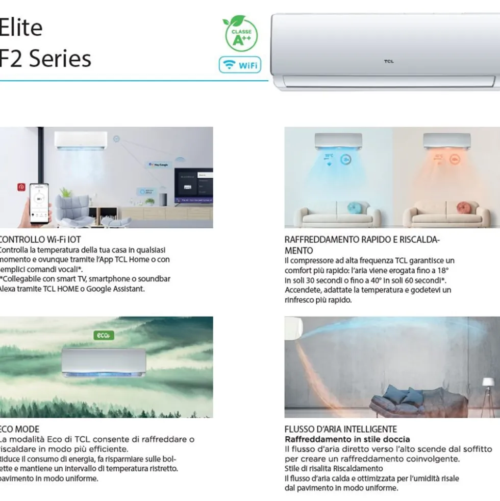 Climatizzatore condizionatore TCL ELITE serie F2 smart inverter wifi incluso 9000 btu A++ gas R32