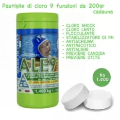 Cloro in pastiglie a 9 azioni ALE9 per piscine 7 pastiglie da 200gr. kg.1,4