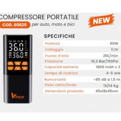 Compressore portatile a batteria VINCO 60625 per auto moto e bici