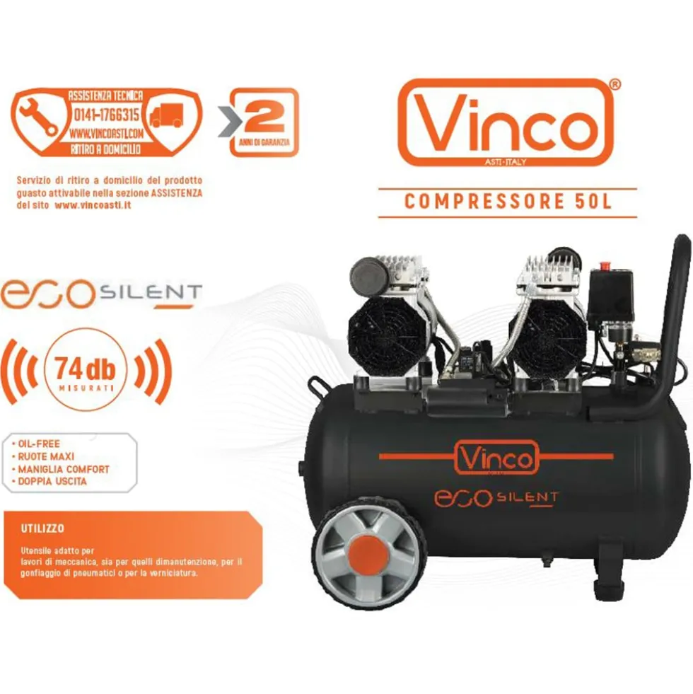 Compressore silenzioso senza olio lt.50 VINCO 60706 hp3 pressione 8 bar