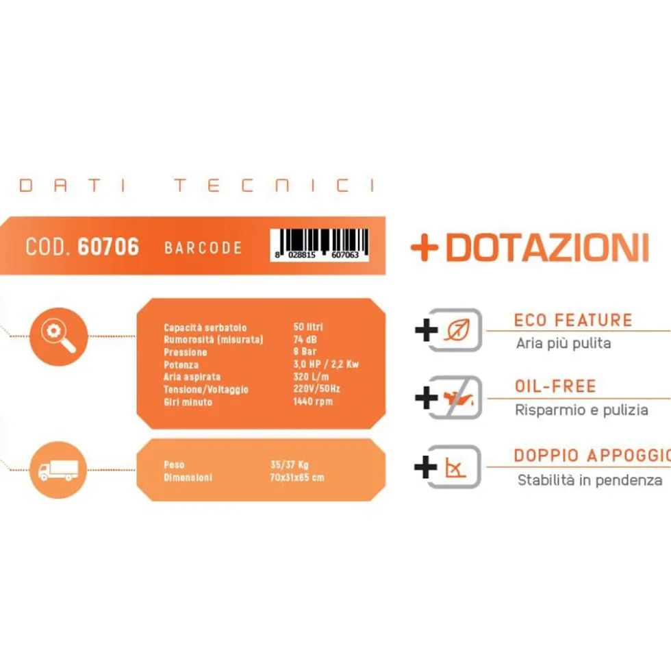 Compressore silenzioso senza olio lt.50 VINCO 60706 hp3 pressione 8 bar