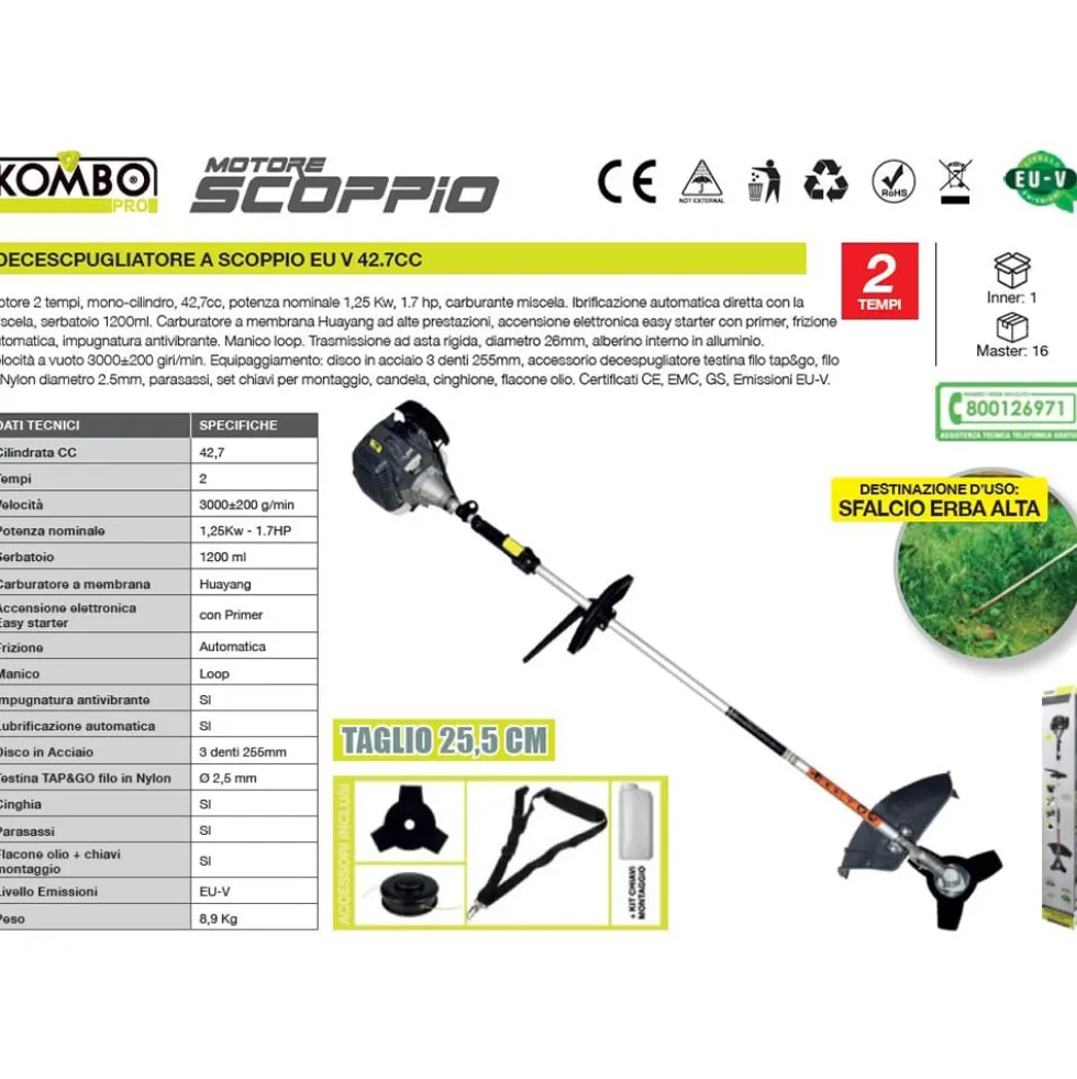 Decespugliatore a scoppio 2 tempi 42,7CC 1,25Kw - 1,7HP KOMBO SCOP006