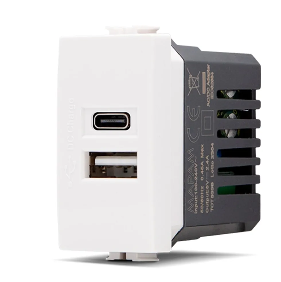 Doppia presa USB tipo A+C 5V 2,4 amp JOY-T3 compatibile BTICINO MATIX