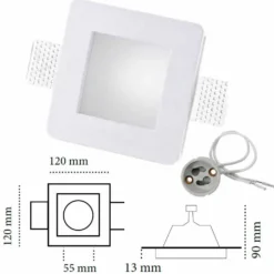 Faretto quadrato slim in gesso ceramico ad incasso a scomparsa con vetro sintetico mm.120 x 120 Made in Italy CSF013