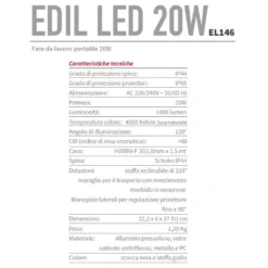 Faro da lavoro portatile proiettore da cantiere CFG EDIL LED 20W 1400 lumen luce 4000K