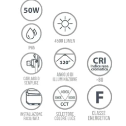 Faro led da esterno proiettore led 50W 4500 lumen nero CFG SQUARE LED con selettore luce 3000K-4000K-5000K