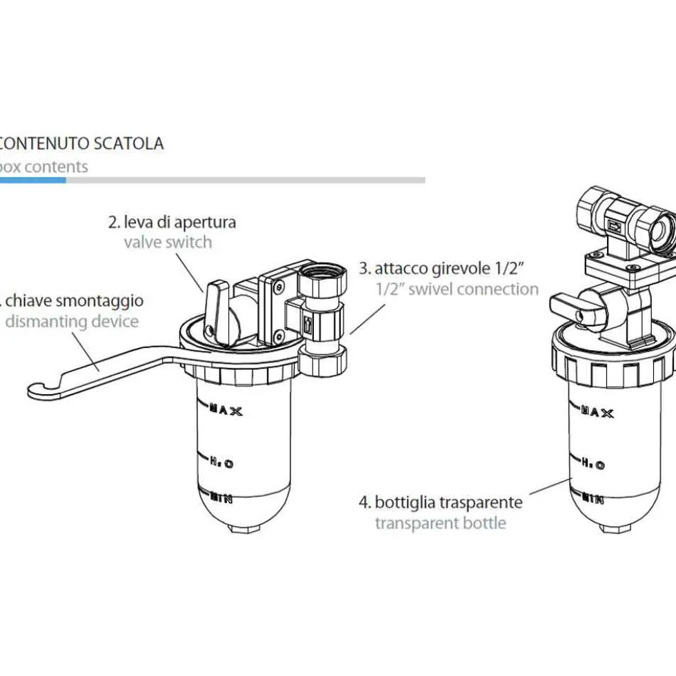 Filtro anticalcare dosatore proporzionale di sali polifosfato con attacco girevole 1/2" F.F