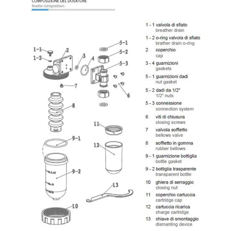 Filtro anticalcare dosatore proporzionale di sali polifosfato con attacco girevole 1/2" F.F
