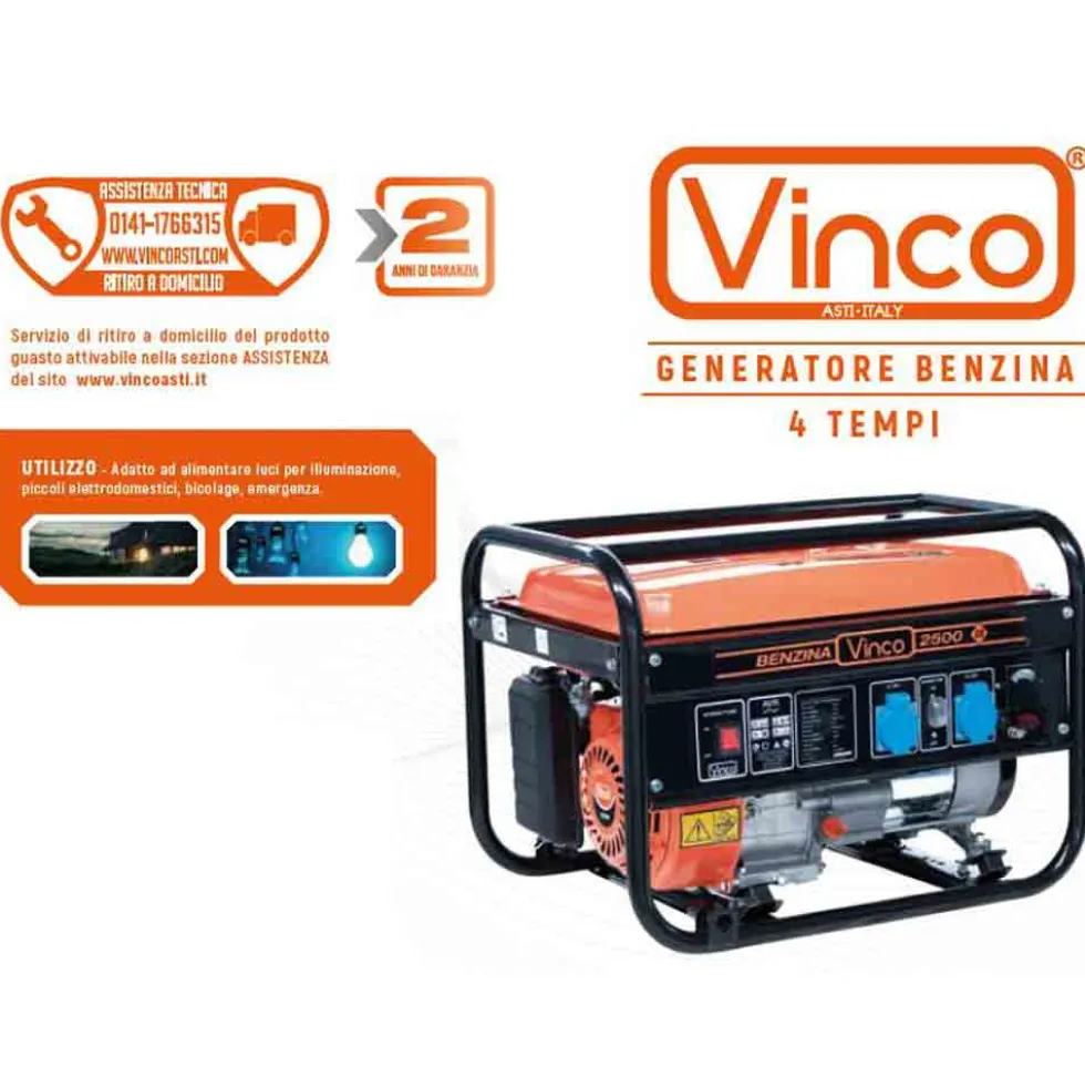 Generatore di corrente a benzina motore 4 tempi potenza max.2,2 KW gruppo elettrogeno VINCO 60128