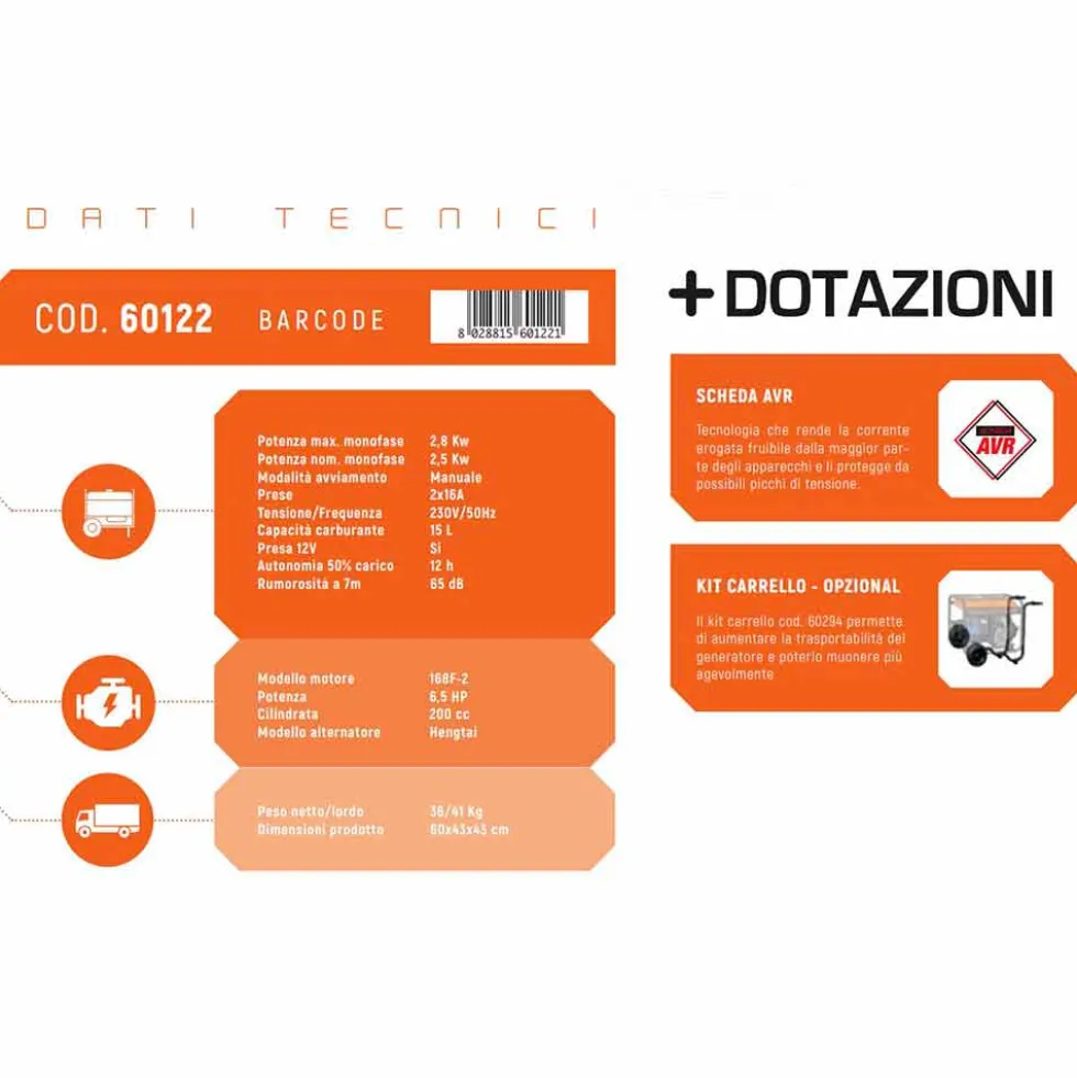 Generatore di corrente a benzina motore 4 tempi potenza max.2,8 KW gruppo elettrogeno VINCO 60122
