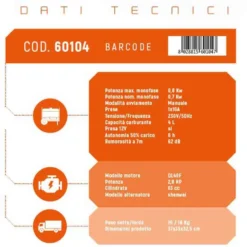 Generatore di corrente portatile a benzina motore 2 tempi potenza max 0,8 KW gruppo elettrogeno VINCO 60104