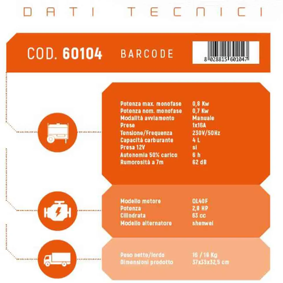 Generatore di corrente portatile a benzina motore 2 tempi potenza max 0,8 KW gruppo elettrogeno VINCO 60104