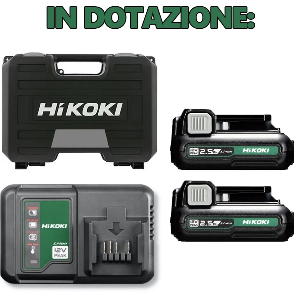 Kit promo combo HIKOKI KC12HKDA2 trapano con percussione DV12DA + avvitatore impulsi WH12DA + 2 batterie 12V 2,5Ah
