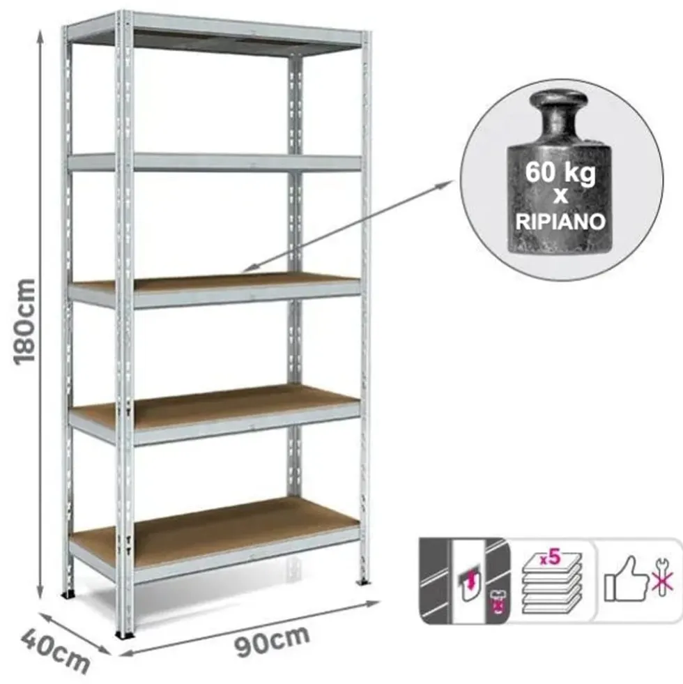 kit scaffale SOLID in acciaio zincato cm.90 x 40 x 180H con 5 ripiani in legno