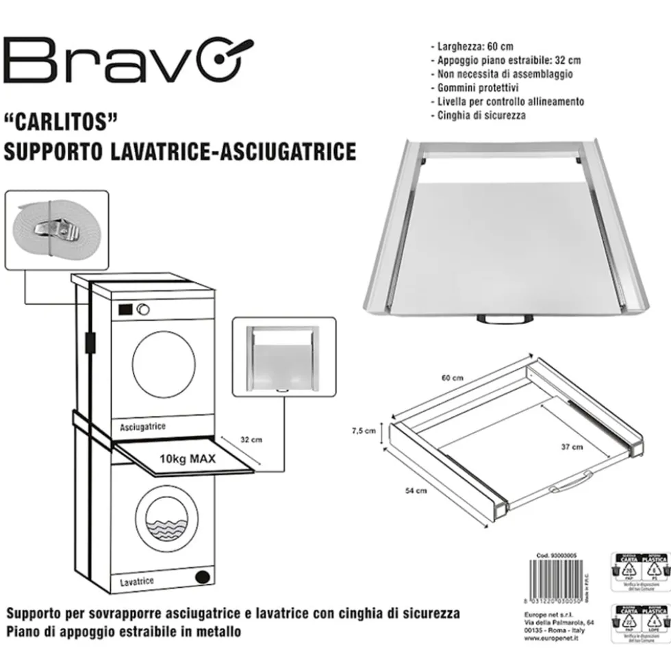 Kit sovrapposizione lavatrice e asciugatrice BRAVO CARLITOS con piano estraibile