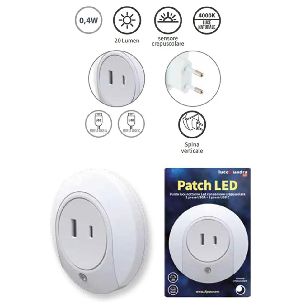 Lampada di cortesia PATCH LED con sensore crepuscolare e 2 prese USB-A + USB-C CFG EL181