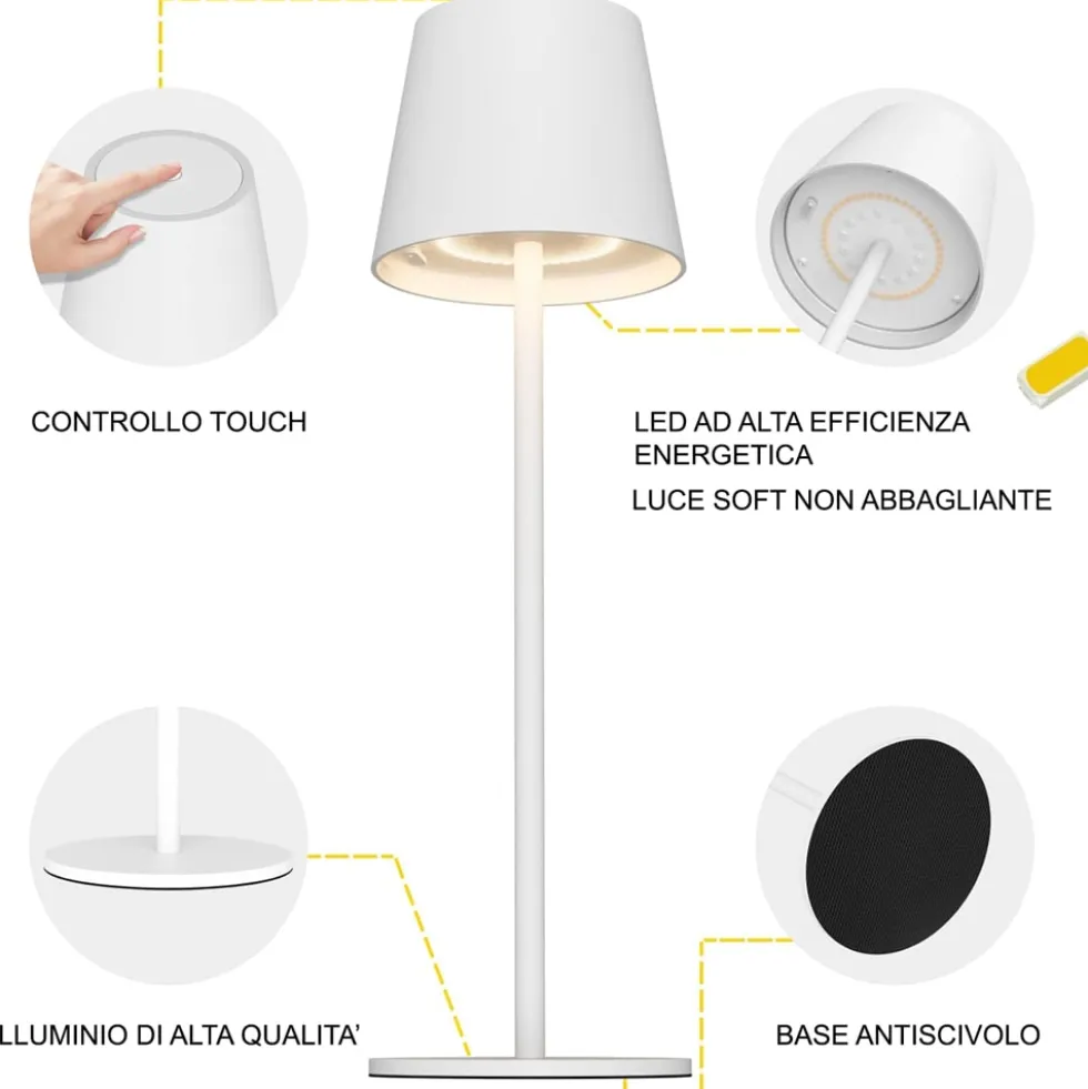 Lampada led da tavolo ricaricabile CFG AUDREY bianca con intensità luminosa e tonalità di luce regolabile