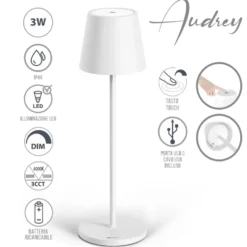 Lampada led da tavolo ricaricabile CFG AUDREY bianca con intensità luminosa e tonalità di luce regolabile