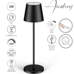 Lampada led da tavolo ricaricabile CFG AUDREY nera con intensità luminosa e tonalità di luce regolabile