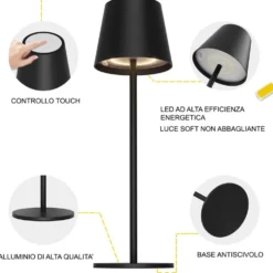 Lampada led da tavolo ricaricabile CFG AUDREY nera con intensità luminosa e tonalità di luce regolabile