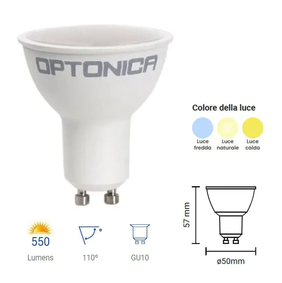 Lampadina LED GU10 6,5W 550 lumen 110° AC175-265V OPTONICA varie tonalità di luce