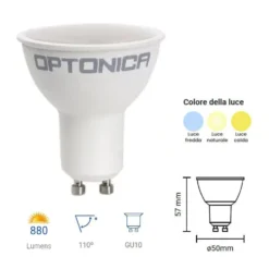 Lampadina LED GU10 9,5W 880 lumen 110° AC175-265V OPTONICA varie tonalità di luce