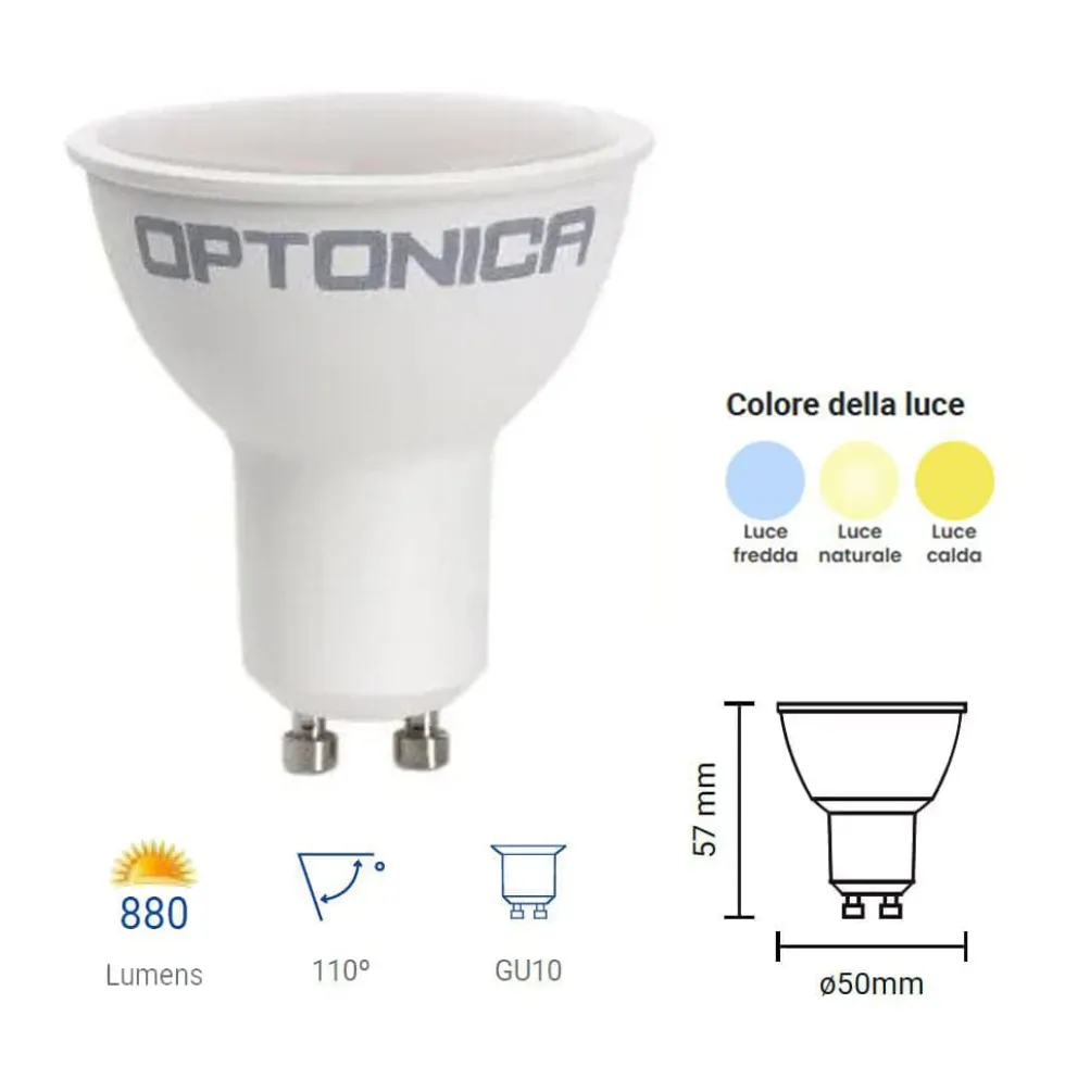 Lampadina LED GU10 9,5W 880 lumen 110° AC175-265V OPTONICA varie tonalità di luce
