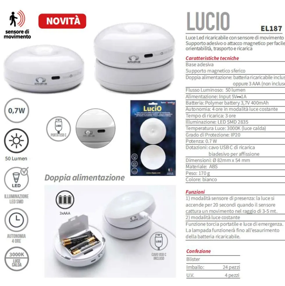 Luce led ricaricabile LUCIO con sensore di movimento supporto adesivo o attacco magnetico CFG EL187
