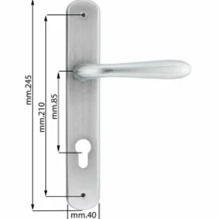 Maniglia con placca cromo satinato mm.85 mod. GOCCIA foro cilindro tipo yale per porte interne