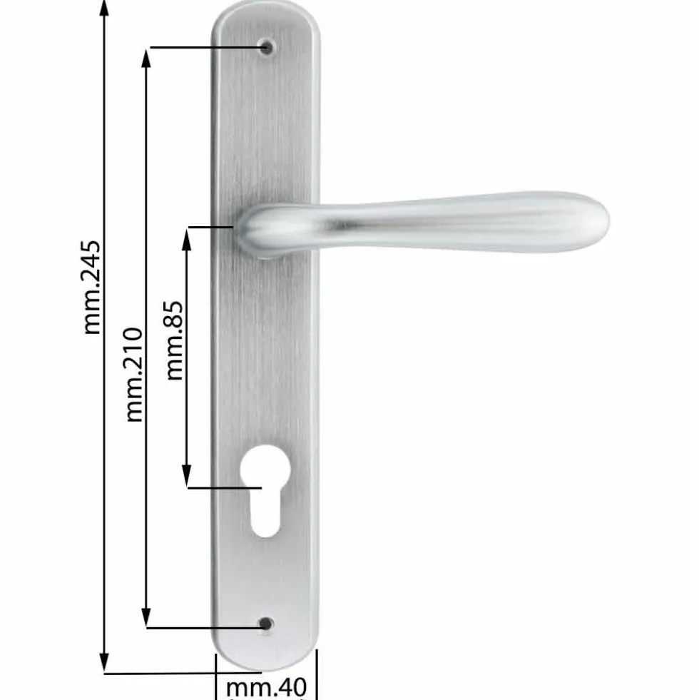 Maniglia con placca cromo satinato mm.85 mod. GOCCIA foro cilindro tipo yale per porte interne
