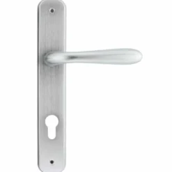Maniglia con placca cromo satinato mm.85 mod. GOCCIA foro cilindro tipo yale per porte interne