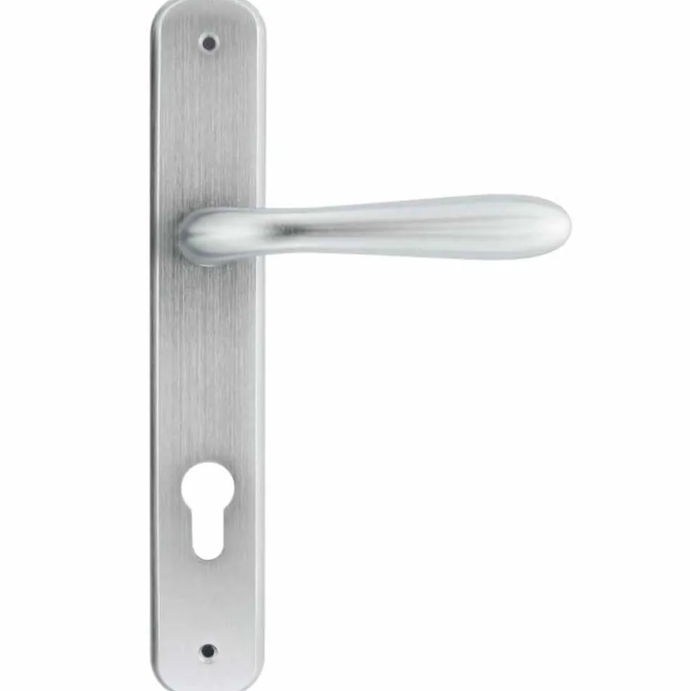 Maniglia con placca cromo satinato mm.85 mod. GOCCIA foro cilindro tipo yale per porte interne