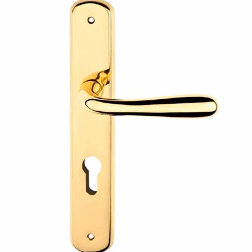 Maniglia con placca oro lucido mm.85 mod. GOCCIA foro cilindro tipo yale per porte interne