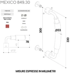 Maniglione per porte MEXICO cm.33 in acciaio inox AISI 304 lucido e satinato