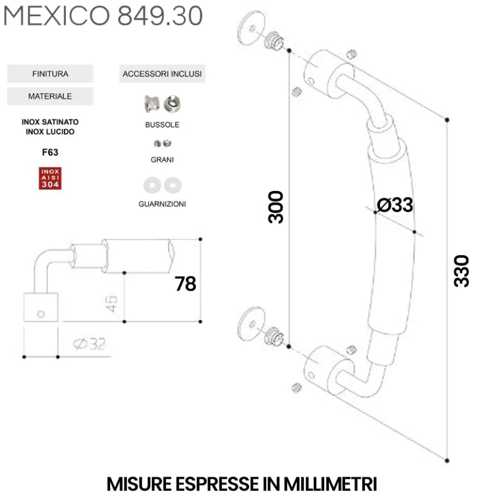 Maniglione per porte MEXICO cm.33 in acciaio inox AISI 304 lucido e satinato