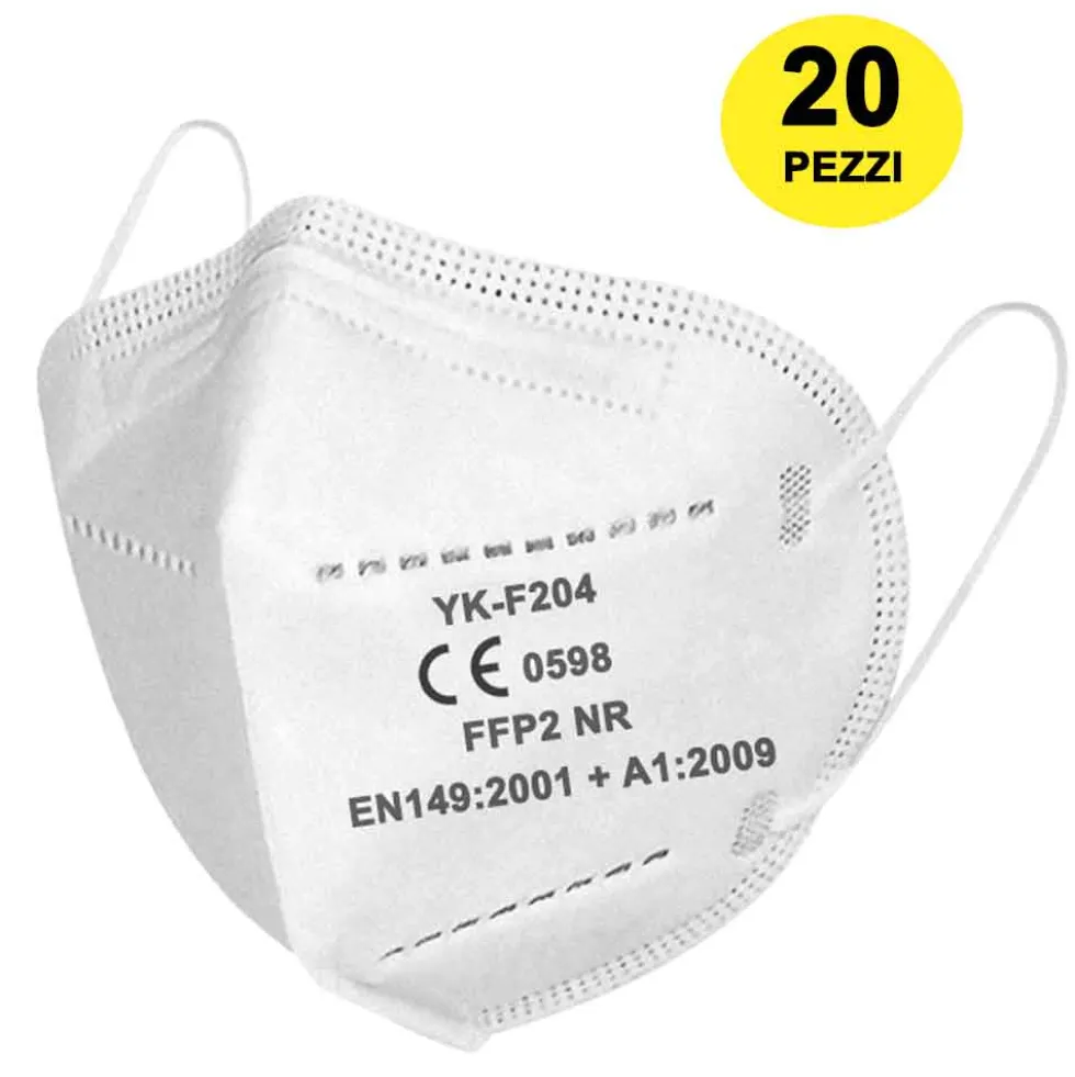 Mascherine protettive FFP2 pieghevoli bianche cf.20 pz. imbustate singolarmente certificate CE