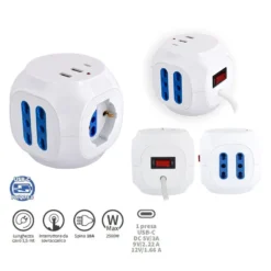 Multipresa CUBO 4 prese bivalenti 10/16A + 1 schuko 10/16A + 2 USB tipo A + 1 USB tipo C spina 10A CFG ES132