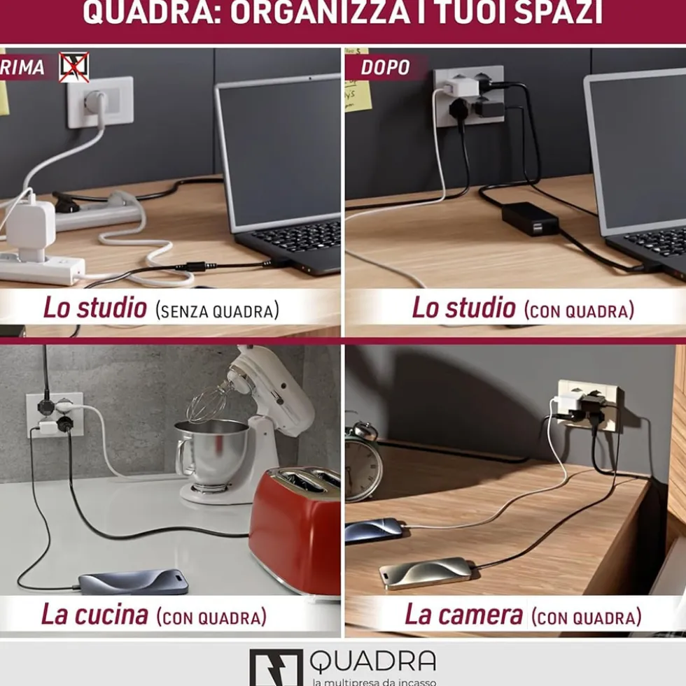 Multipresa universale ad incasso da parete QUADRA 4 prese bipasso schuko bianca ELECTRALINE 22105